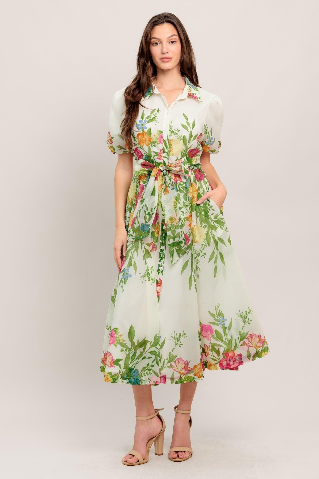 FRESH BLOSSOM IVORY WOVEN MIDI DRESS Flying Tomato