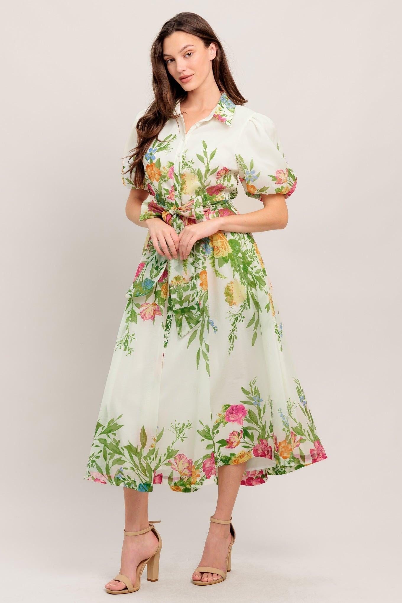 FRESH BLOSSOM IVORY WOVEN MIDI DRESS Flying Tomato