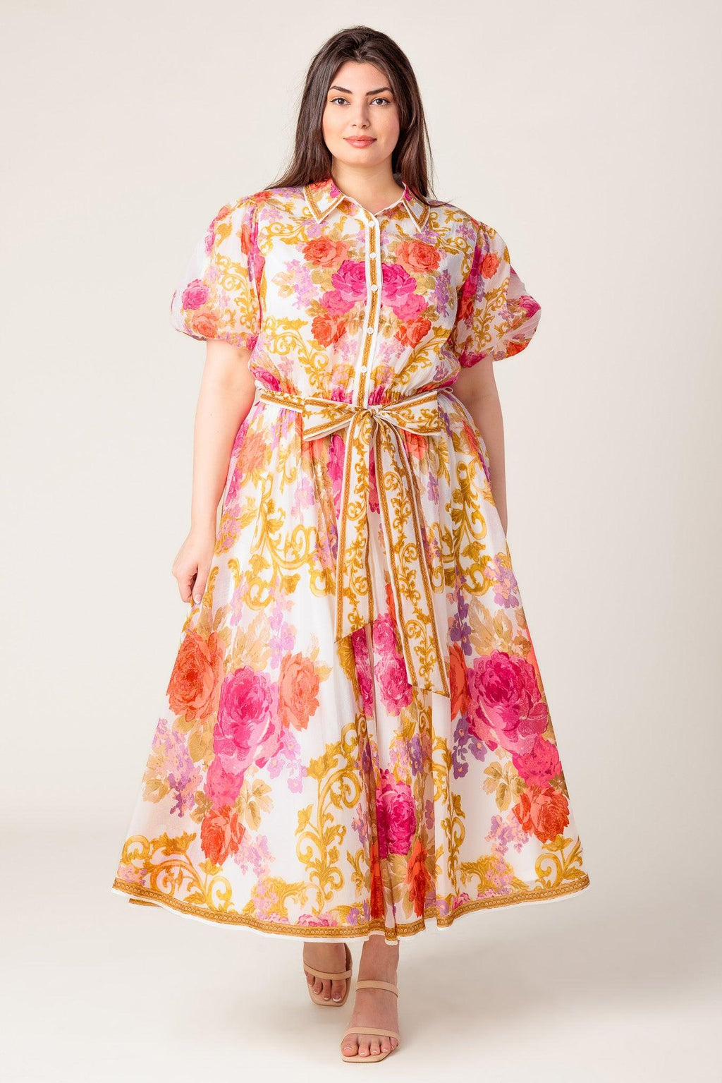 GARDEN TAPESTRY IVORY FLORAL WOVEN MIDI DRESS Flying Tomato
