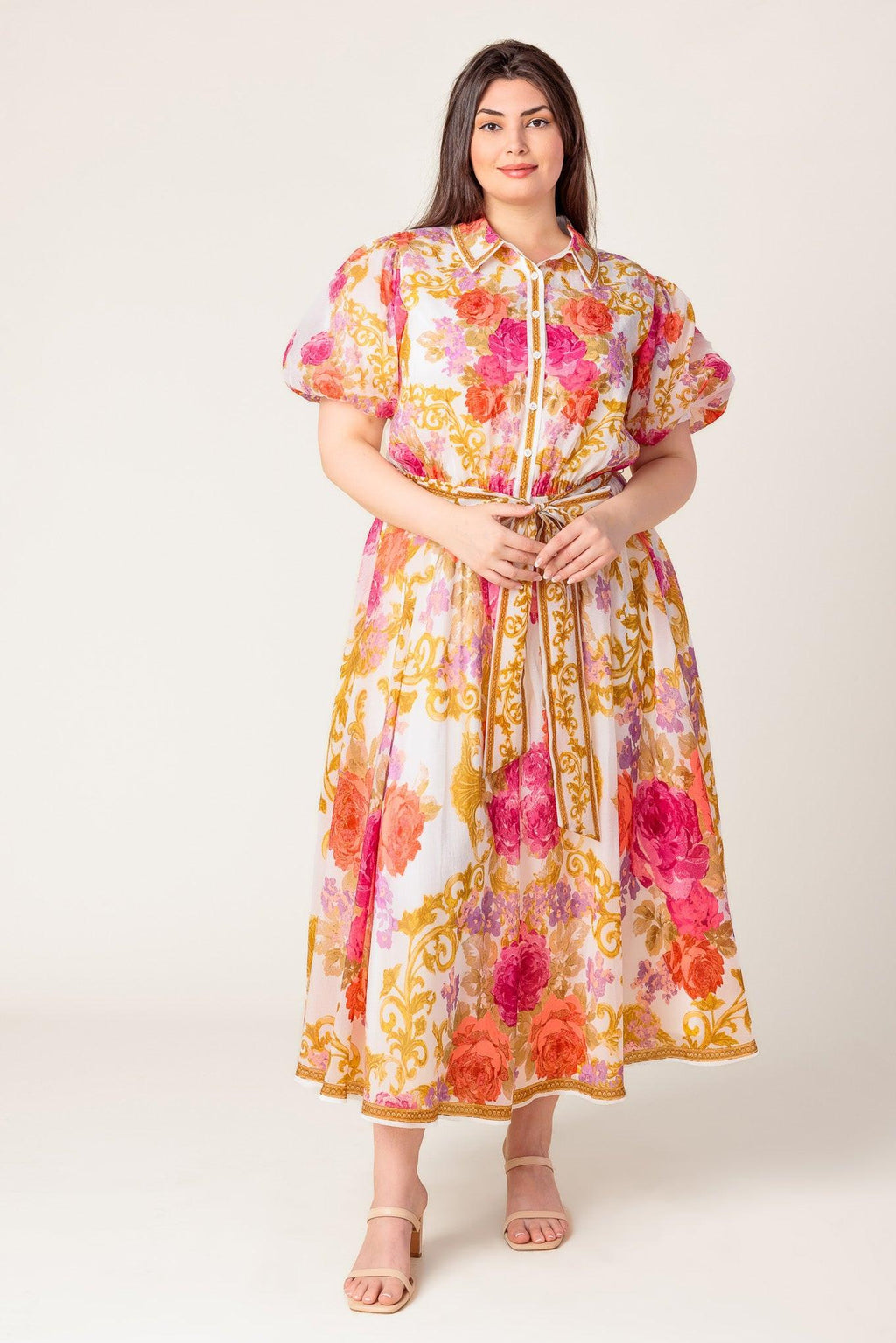GARDEN TAPESTRY IVORY FLORAL WOVEN MIDI DRESS Flying Tomato