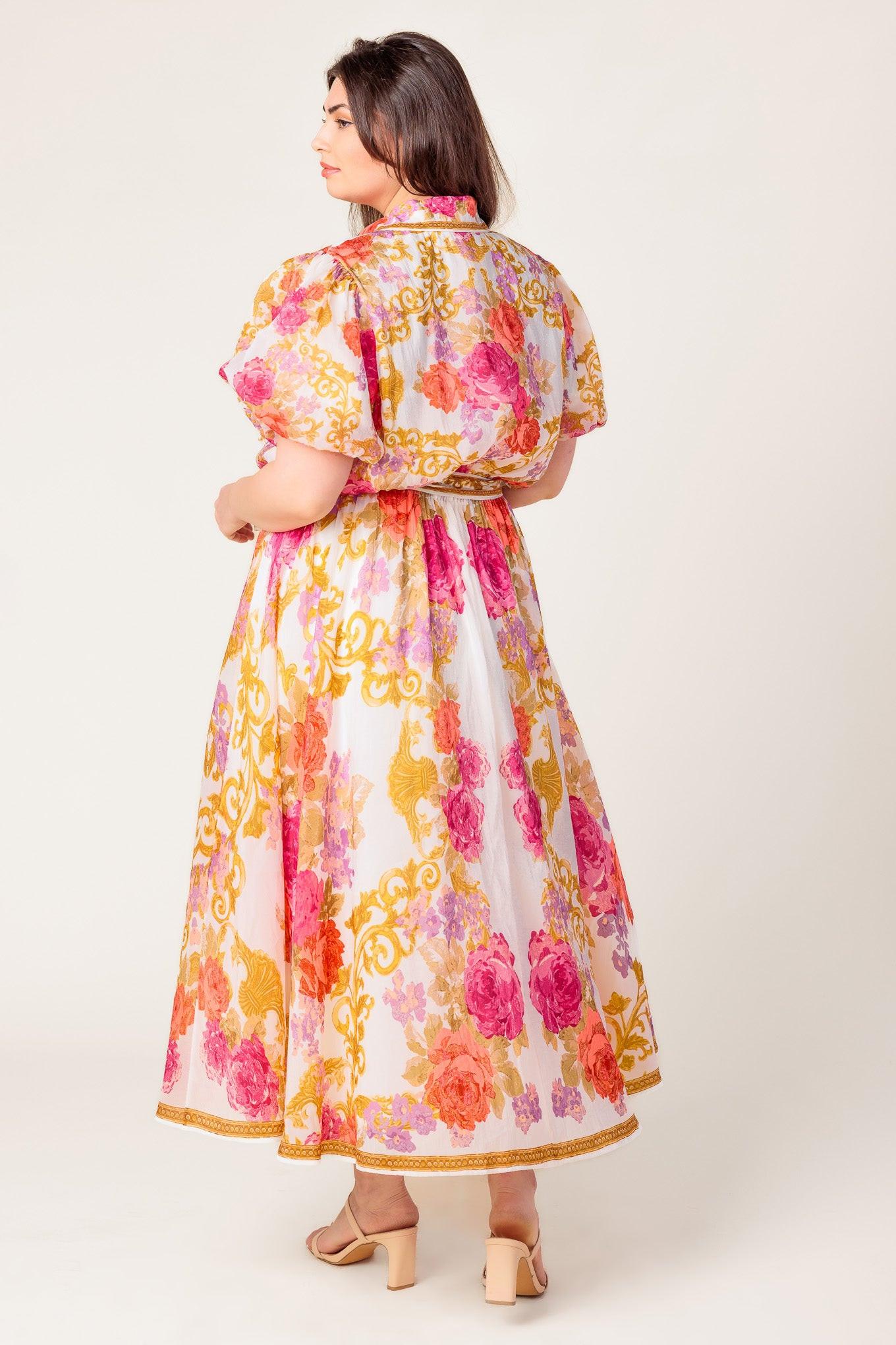 GARDEN TAPESTRY IVORY FLORAL WOVEN MIDI DRESS Flying Tomato