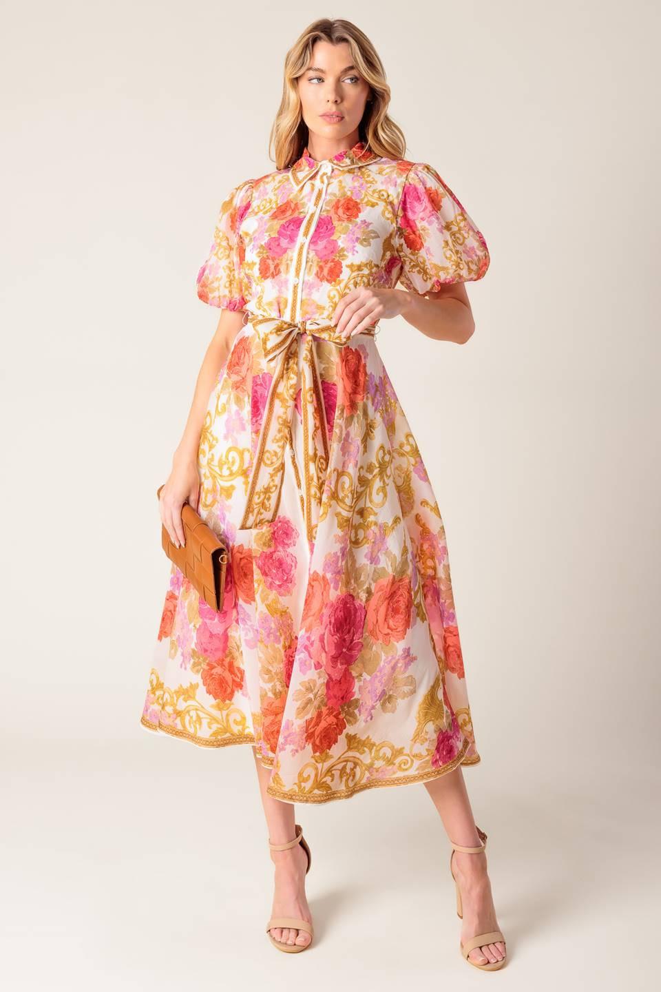GARDEN TAPESTRY IVORY FLORAL WOVEN MIDI DRESS Flying Tomato