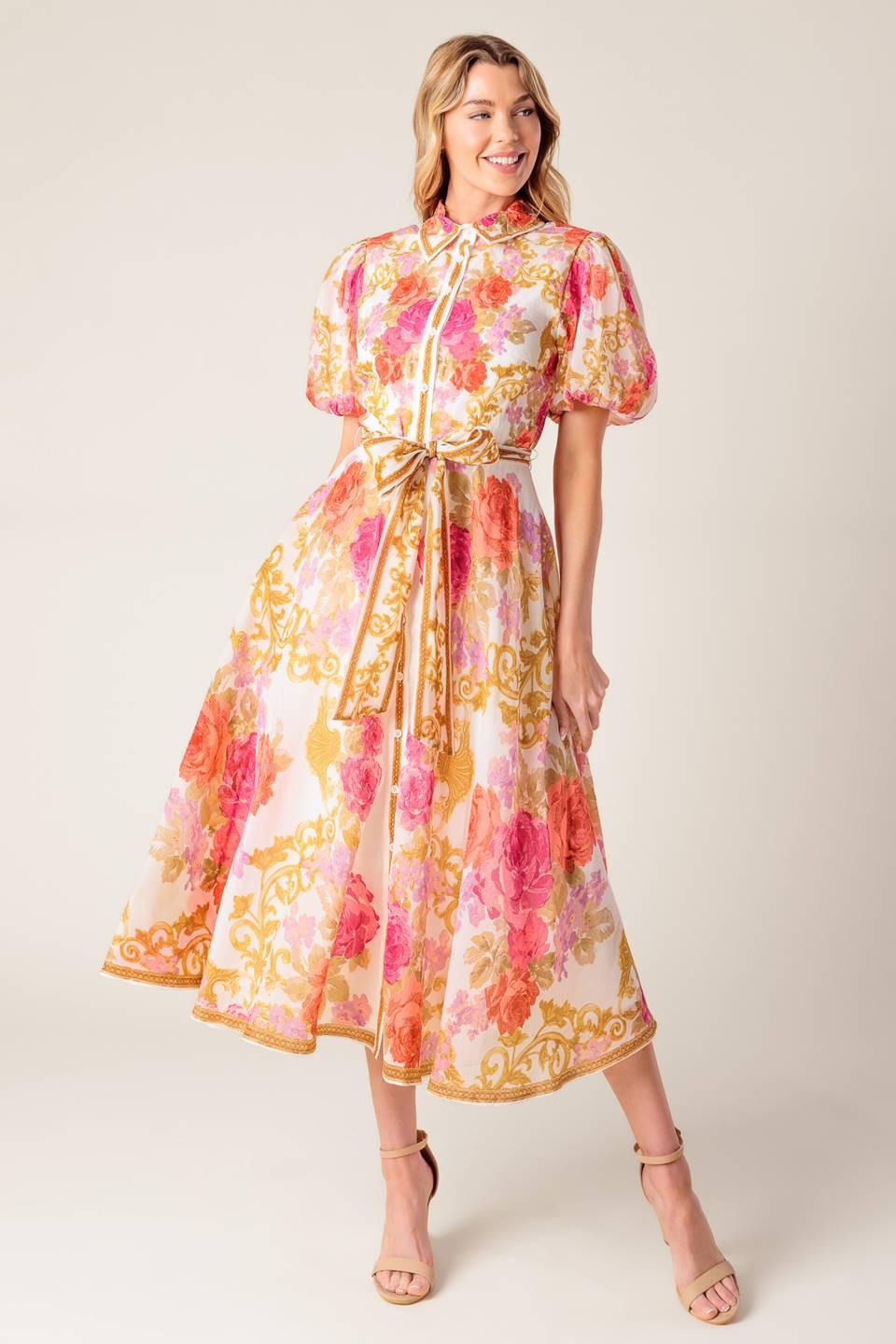 GARDEN TAPESTRY IVORY FLORAL WOVEN MIDI DRESS Flying Tomato