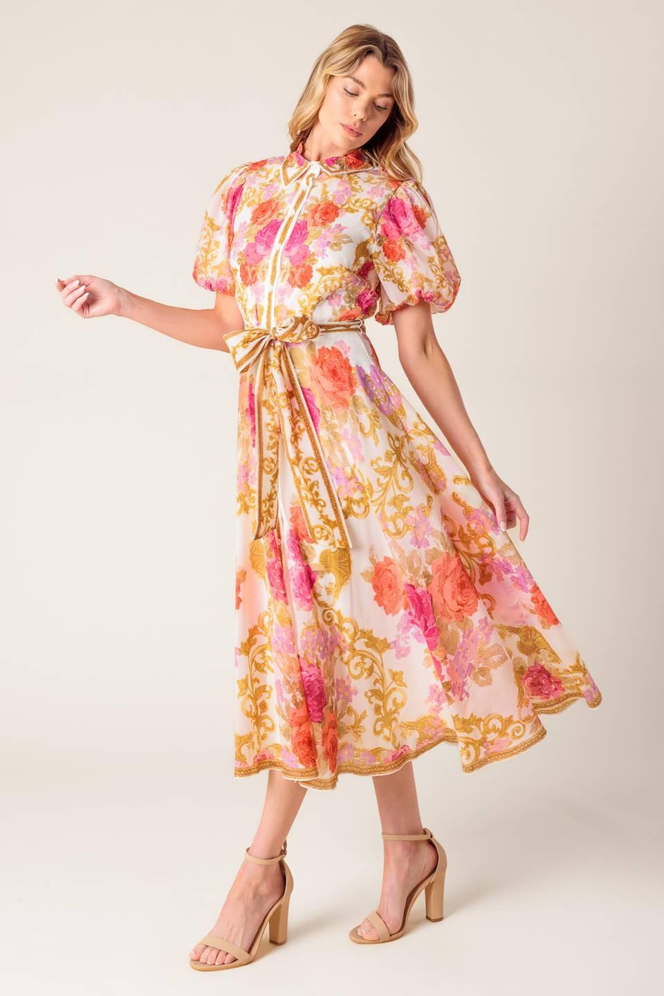 GARDEN TAPESTRY IVORY FLORAL WOVEN MIDI DRESS Flying Tomato