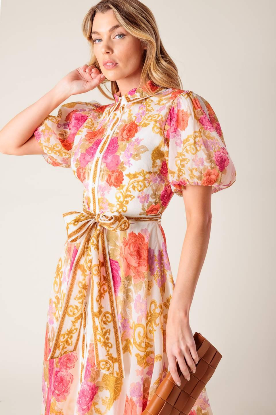 GARDEN TAPESTRY IVORY FLORAL WOVEN MIDI DRESS Flying Tomato