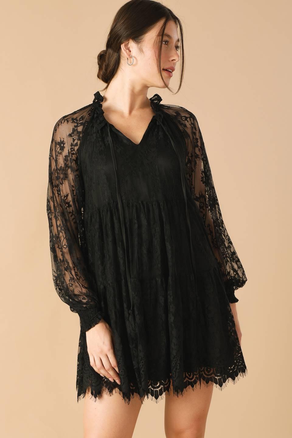 THIS & THAT BLACK WOVEN LACE MINI DRESS Flying Tomato
