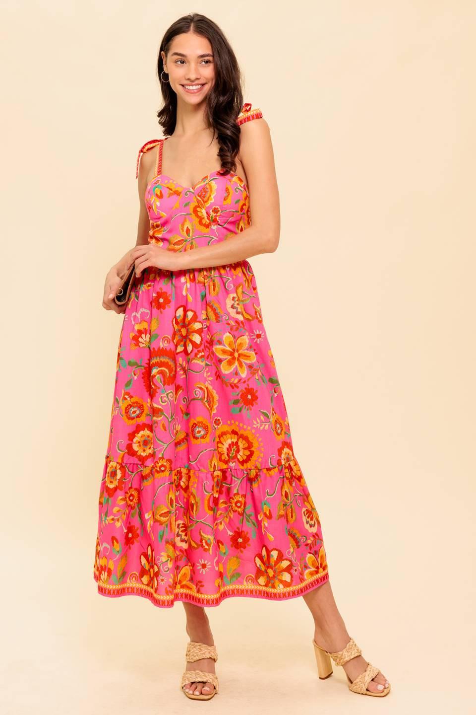 GARDEN GATHERING PINK WOVEN MIDI DRESS Flying Tomato