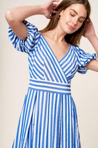 SUNSET STEPS BLUE WOVEN MIDI DRESS Flying Tomato