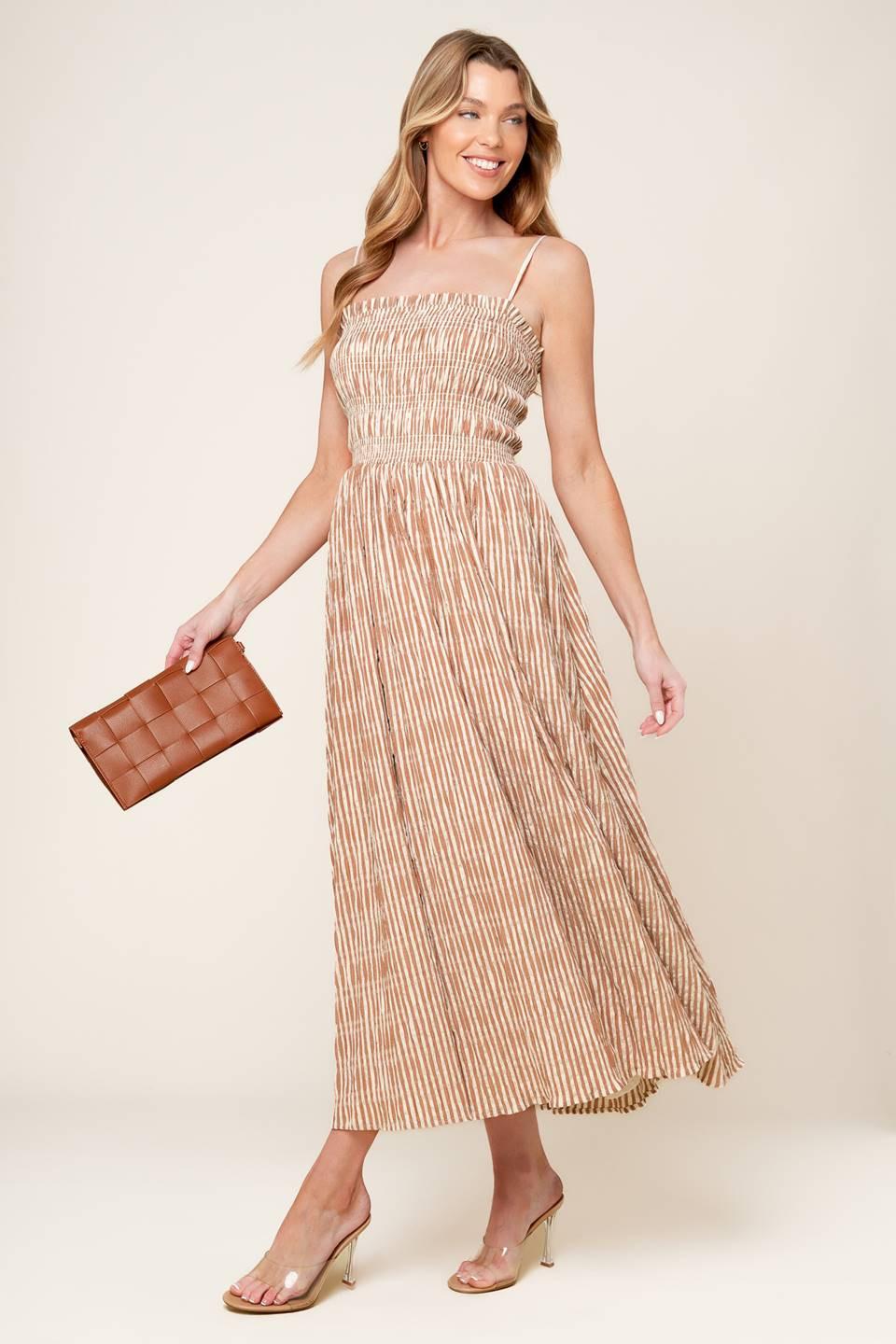 VALHALLA BROWN STRIPED WOVEN MIDI DRESS Flying Tomato