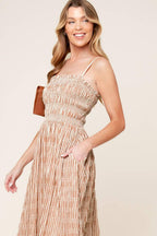 VALHALLA BROWN STRIPED WOVEN MIDI DRESS Flying Tomato