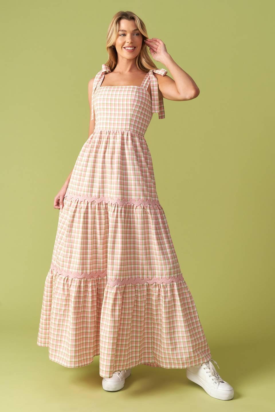 IMAGINE THAT GREEN PINK PLAID MIDI DRESS Flying Tomato