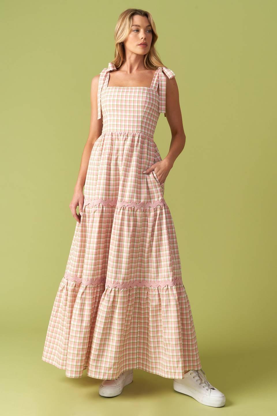 IMAGINE THAT GREEN PINK PLAID MIDI DRESS Flying Tomato