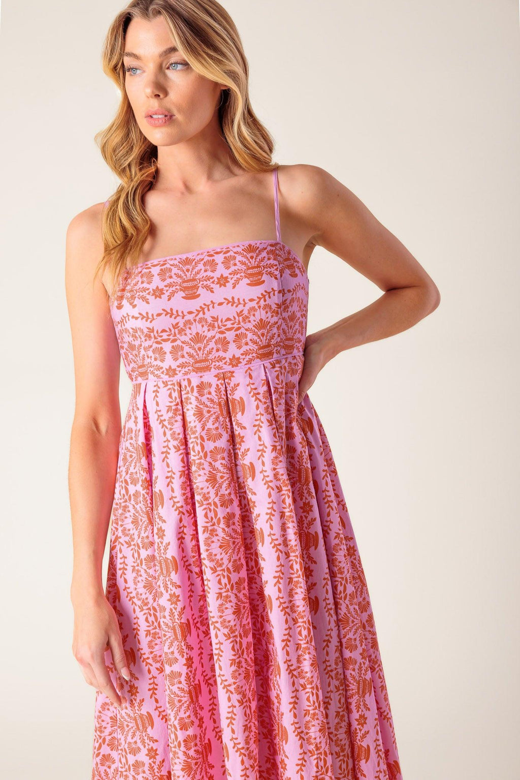 THE EVETTE PINK WOVEN MIDI DRESS Flying Tomato