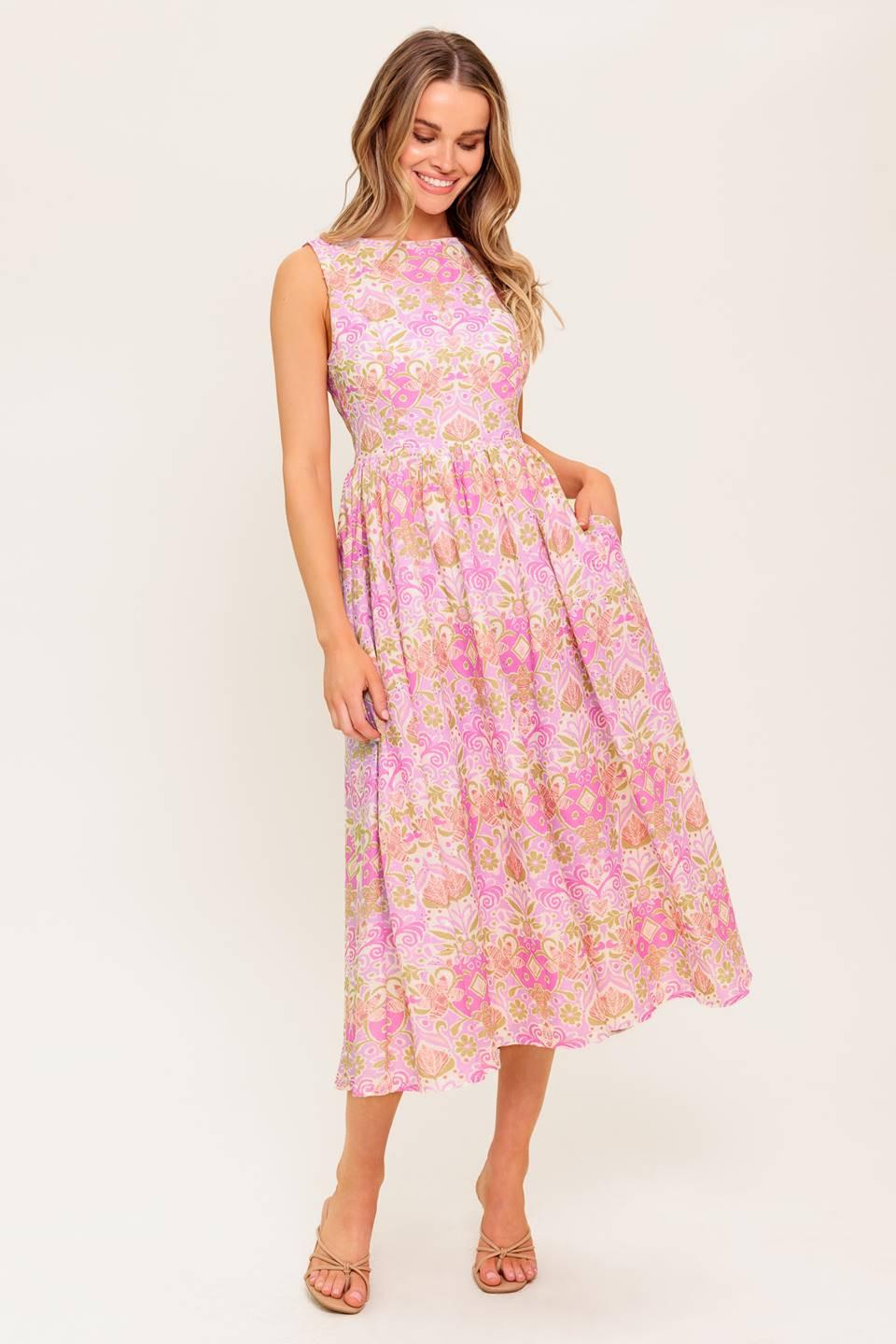 UNDER THE SUN PINK WOVEN MIDI DRESS Flying Tomato