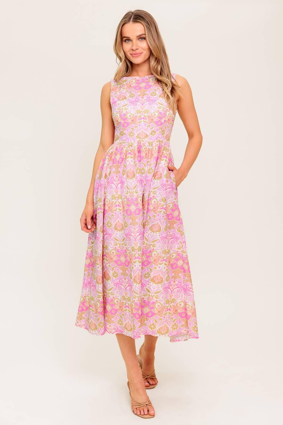 UNDER THE SUN PINK WOVEN MIDI DRESS Flying Tomato