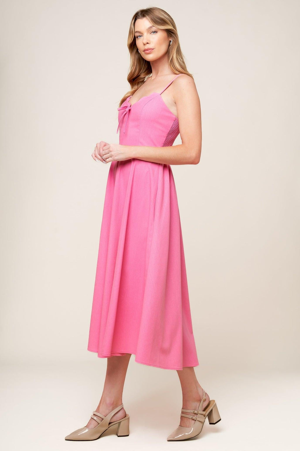 LET THE LIGHT PINK WOVEN MIDI DRESS Flying Tomato