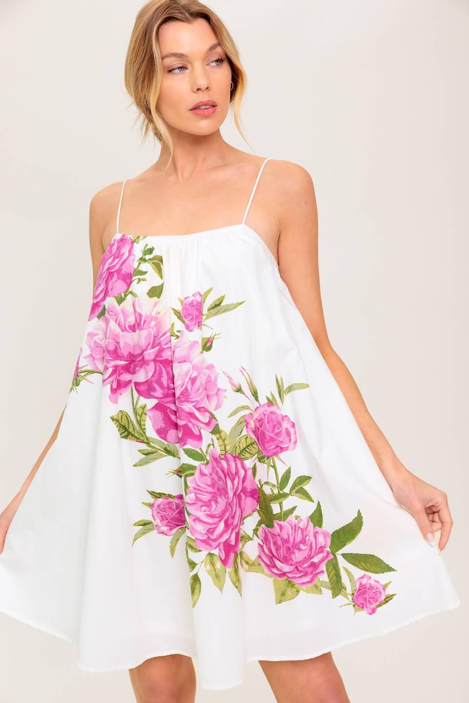 GARDEN WHISPERS PINK FLORAL WOVEN MINI DRESS Flying Tomato