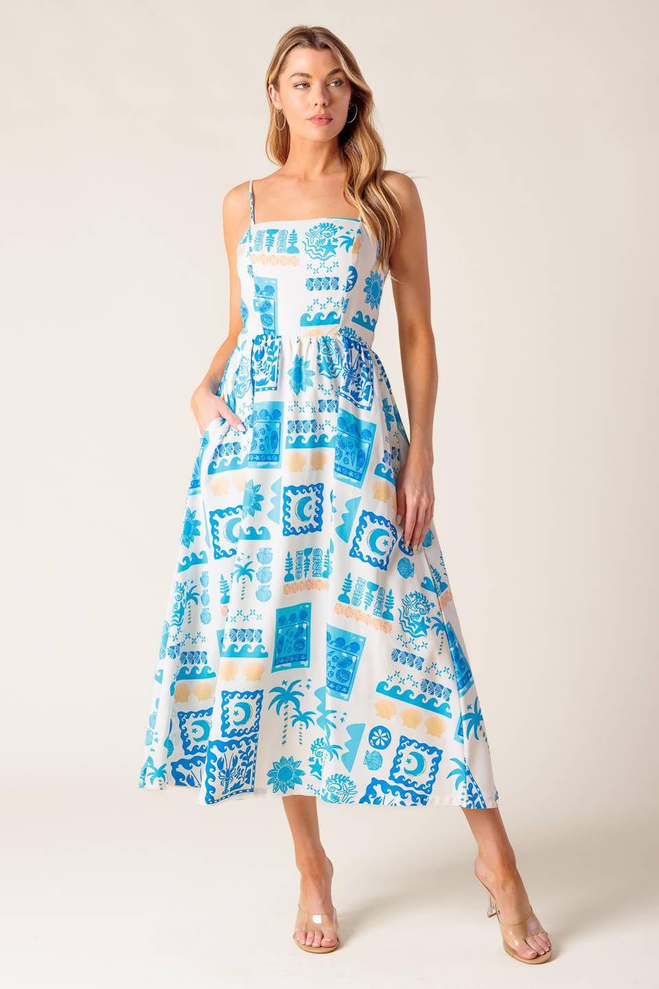 FLOWER GIRL BLUE WOVEN MIDI DRESS Flying Tomato