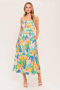 SUNLIT GARDEN PINK BLUE WOVEN MIDI DRESS Flying Tomato