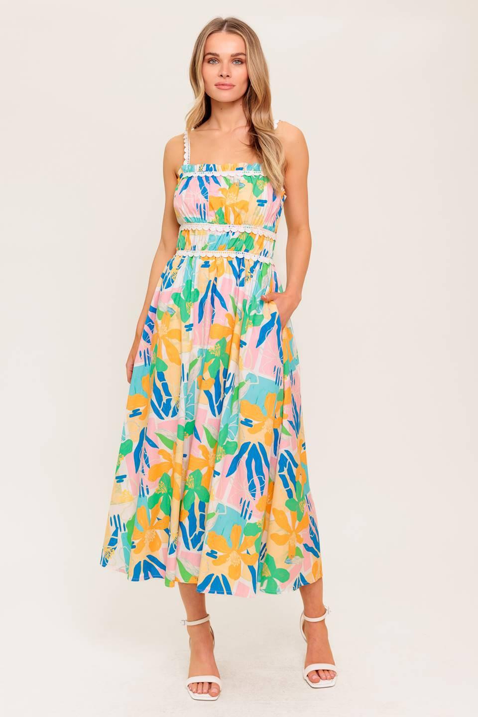 SUNLIT GARDEN PINK BLUE WOVEN MIDI DRESS Flying Tomato