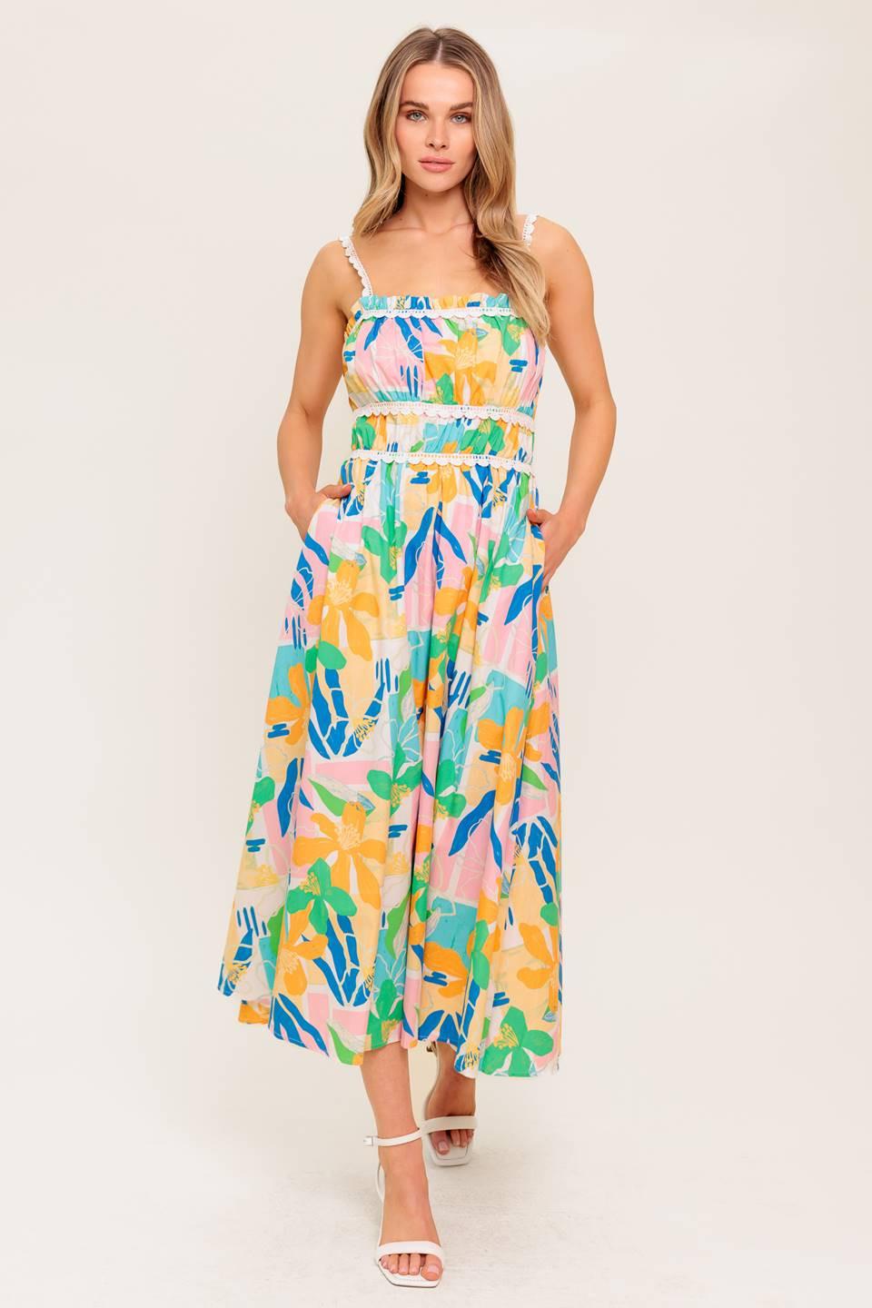 SUNLIT GARDEN PINK BLUE WOVEN MIDI DRESS Flying Tomato