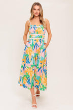 SUNLIT GARDEN PINK BLUE WOVEN MIDI DRESS Flying Tomato