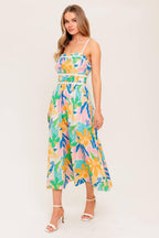 SUNLIT GARDEN PINK BLUE WOVEN MIDI DRESS Flying Tomato