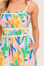 SUNLIT GARDEN PINK BLUE WOVEN MIDI DRESS Flying Tomato