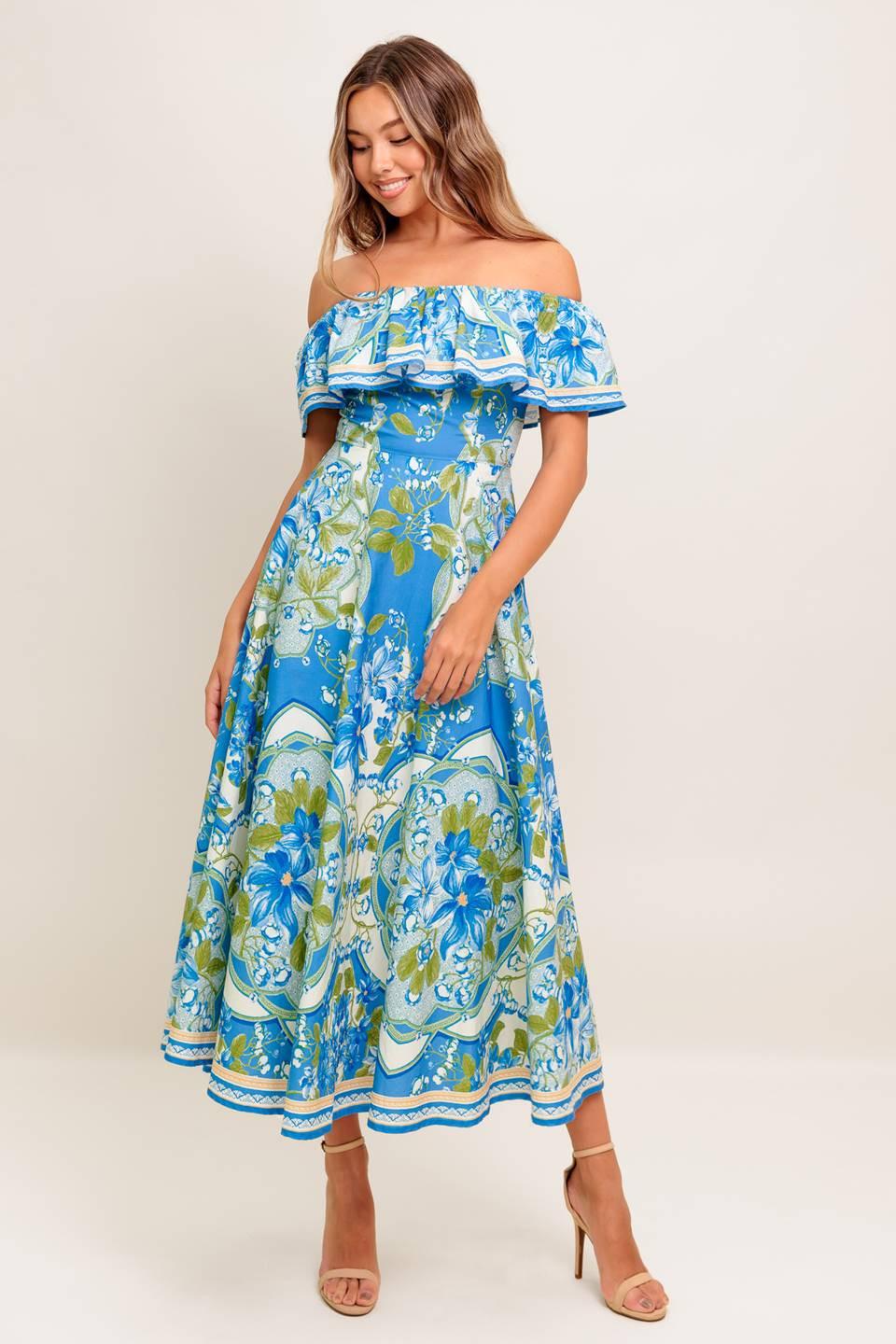 TROPICAL HAZE POWDER BLUE WOVEN MIDI DRESS Flying Tomato