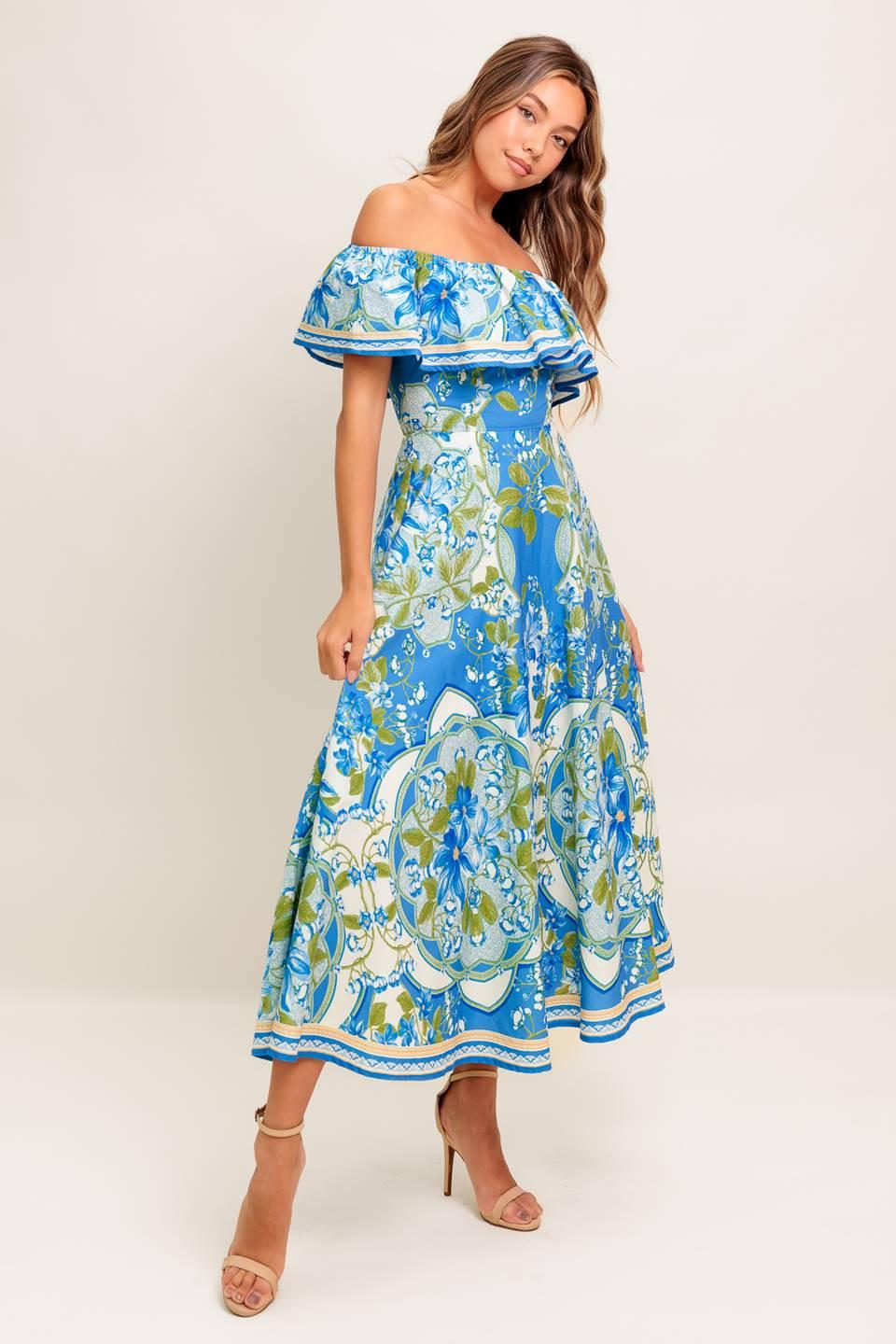TROPICAL HAZE POWDER BLUE WOVEN MIDI DRESS Flying Tomato