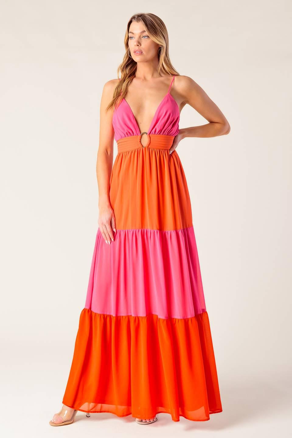 REGAL RISE WOVEN COLOR BLOCKED MAXI DRESS Flying Tomato
