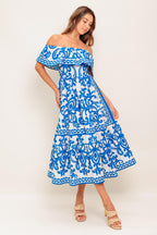 BLOOM SERENADE BLUE WOVEN MIDI DRESS Flying Tomato