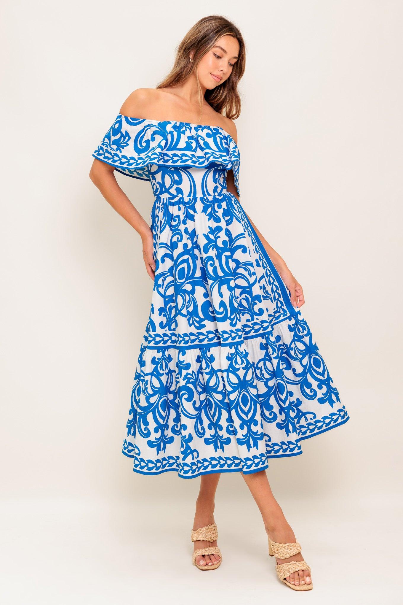 BLOOM SERENADE BLUE WOVEN MIDI DRESS Flying Tomato