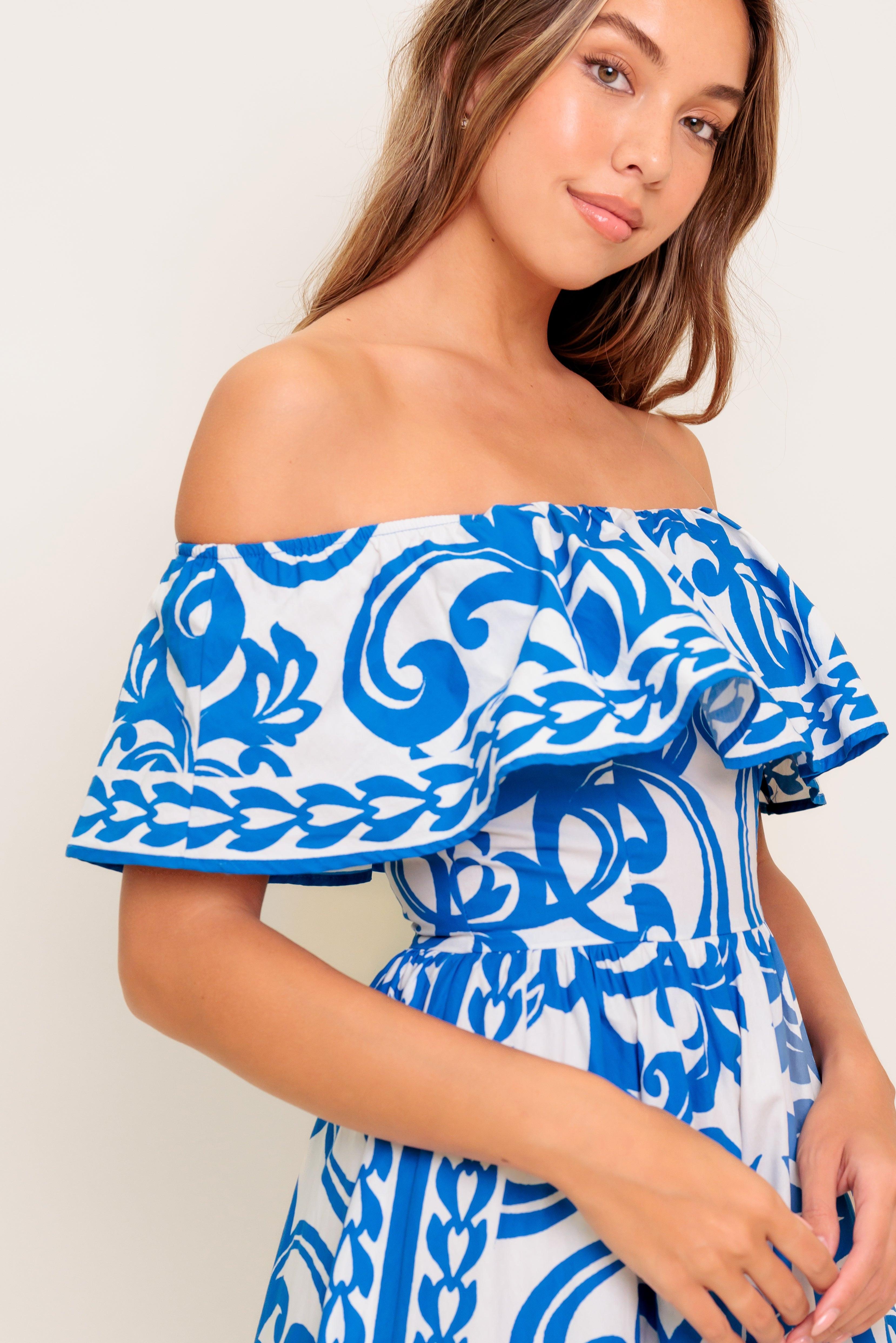 BLOOM SERENADE BLUE WOVEN MIDI DRESS Flying Tomato