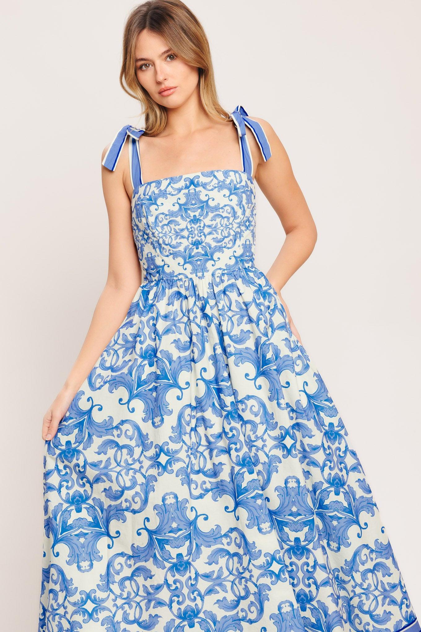 AZURE SCROLL WOVEN MIDI DRESS Flying Tomato