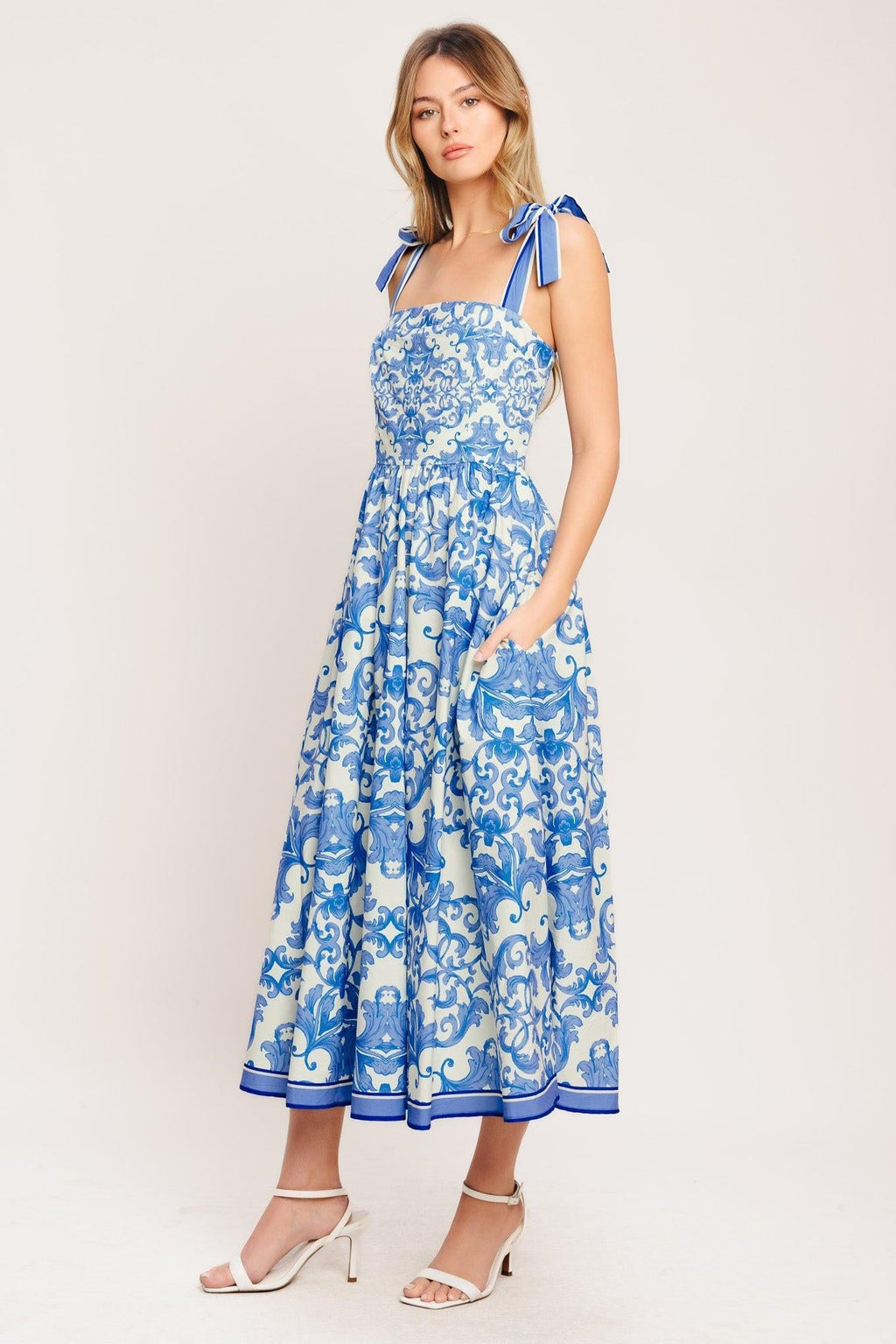 AZURE SCROLL WOVEN MIDI DRESS Flying Tomato