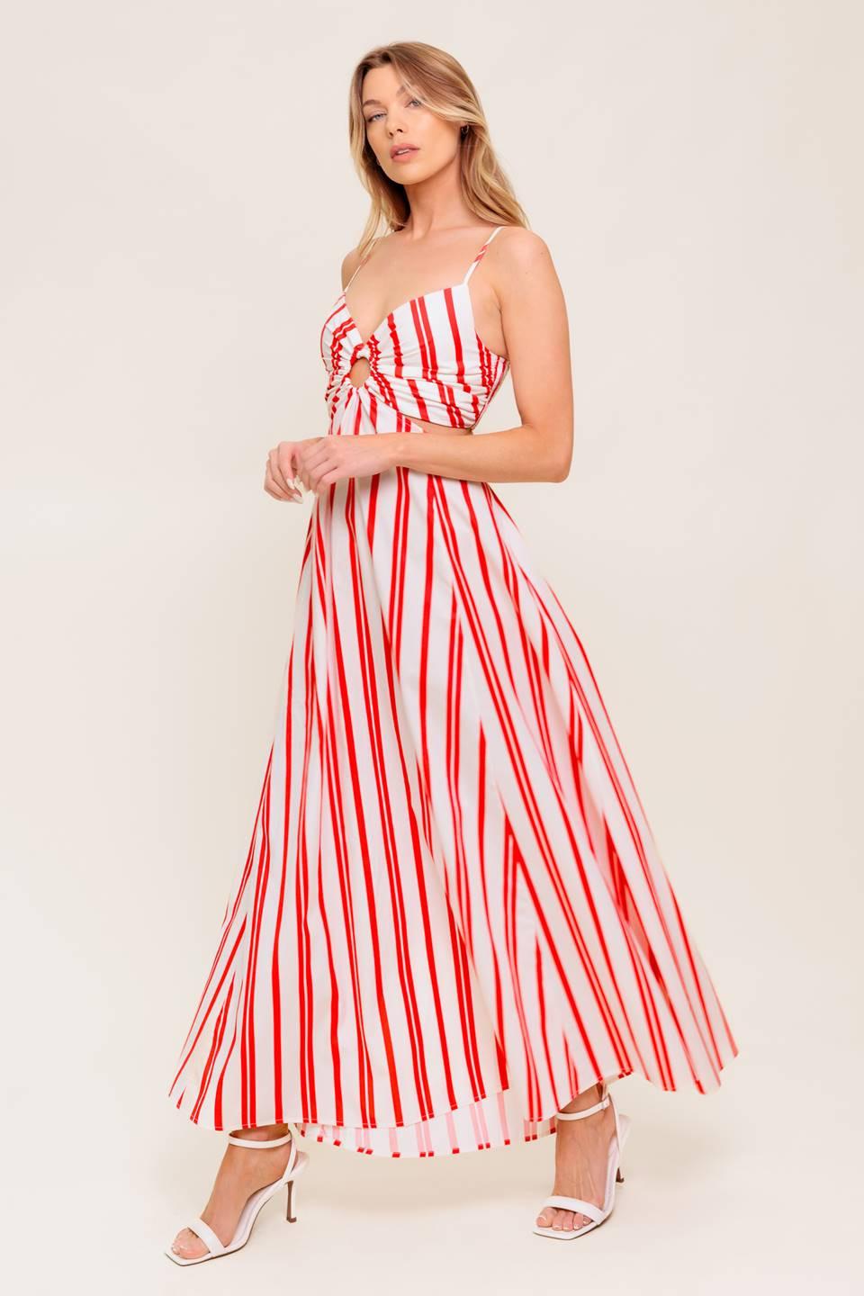 DREAM PETALS RED STRIPE WOVEN ANKLE DRESS Flying Tomato