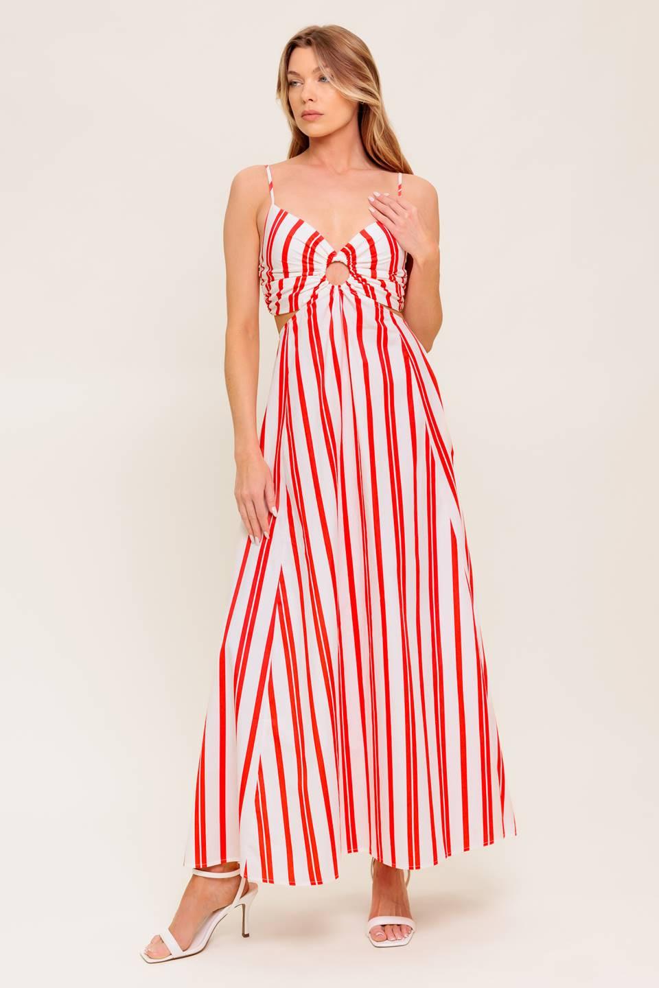 DREAM PETALS RED STRIPE WOVEN ANKLE DRESS Flying Tomato