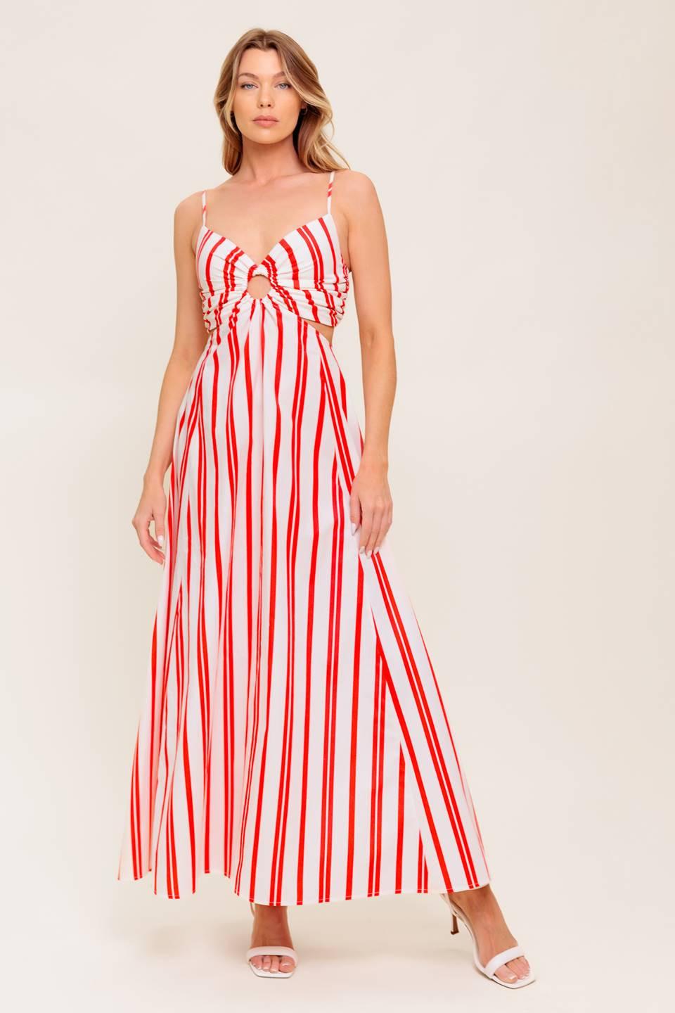 DREAM PETALS RED STRIPE WOVEN ANKLE DRESS Flying Tomato