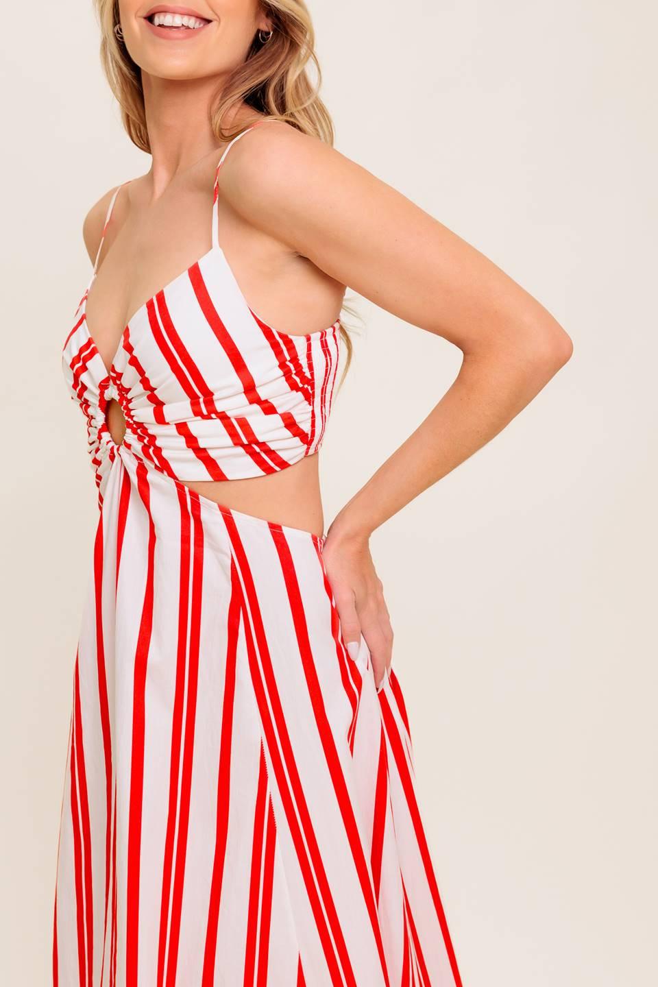 DREAM PETALS RED STRIPE WOVEN ANKLE DRESS Flying Tomato