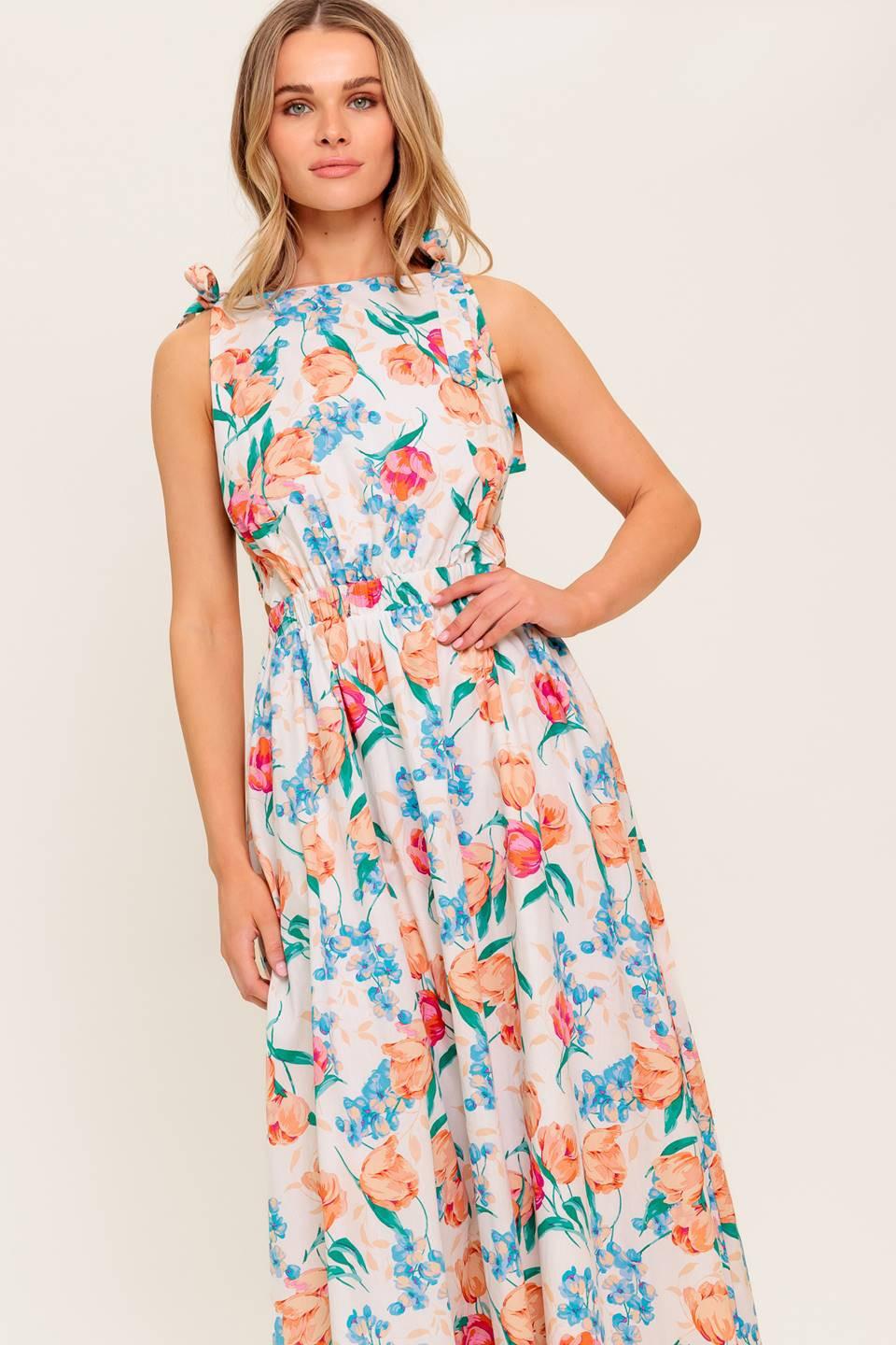 WHISPERING FLORA WOVEN MIDI DRESS Flying Tomato