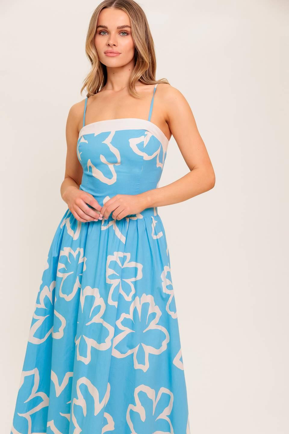 SERENE PETALS BLUE WOVEN MIDI DRESS Flying Tomato