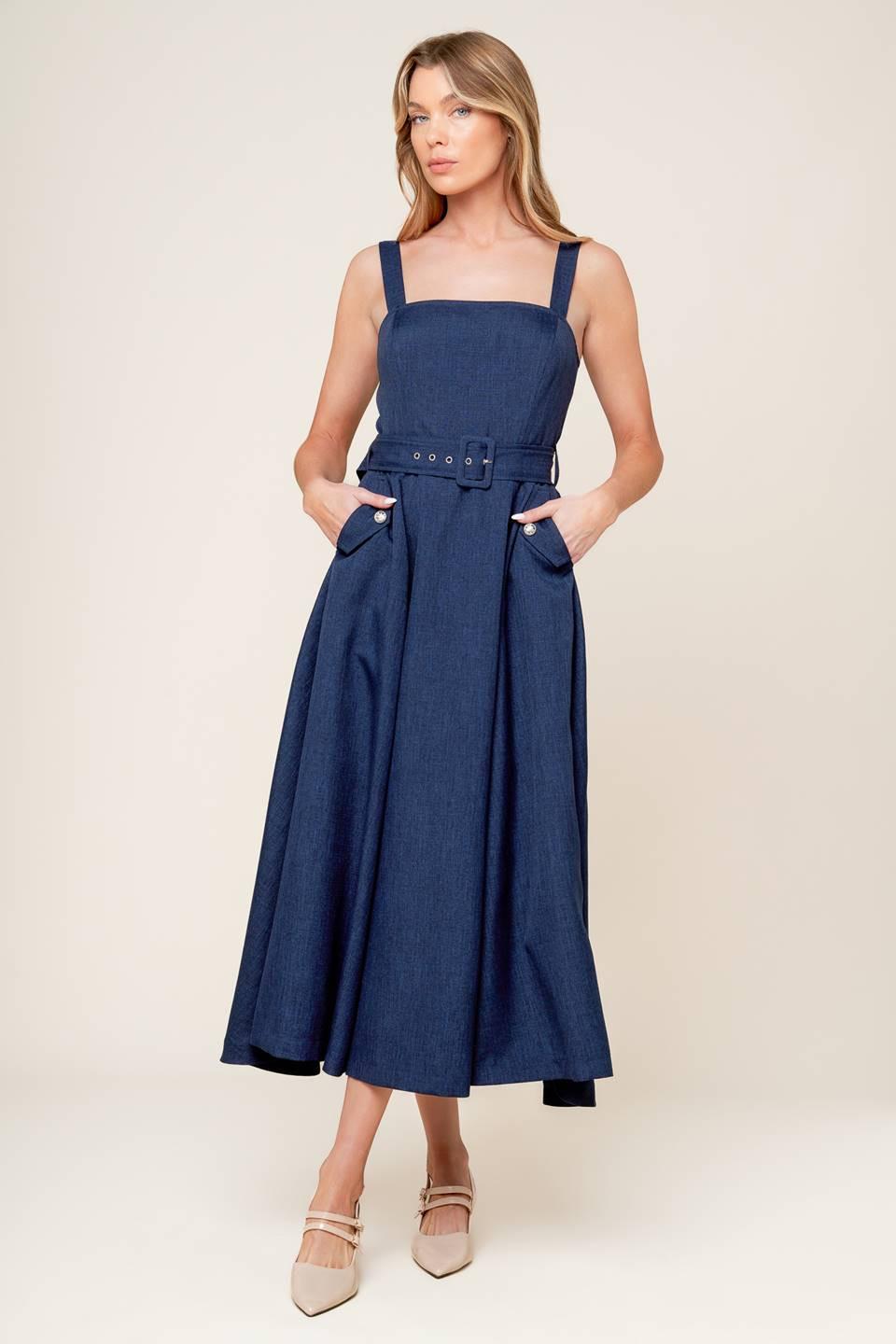 RAULAND NAVY WOVEN MIDI DRESS Flying Tomato