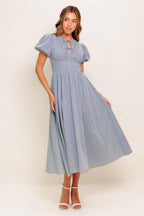 COZY GARDEN IVORY BLUE WOVEN MIDI DRESS Flying Tomato