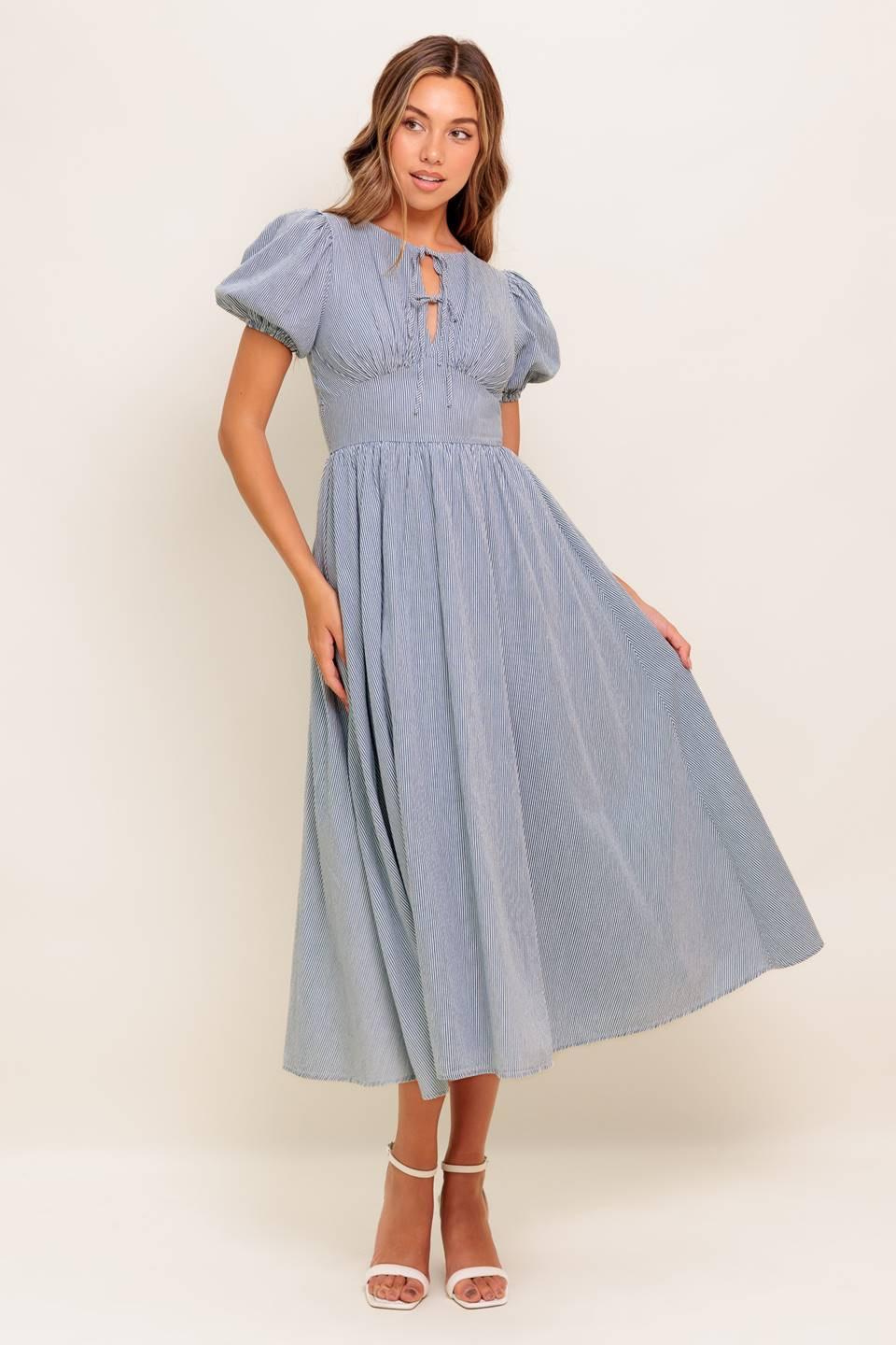 COZY GARDEN IVORY BLUE WOVEN MIDI DRESS Flying Tomato