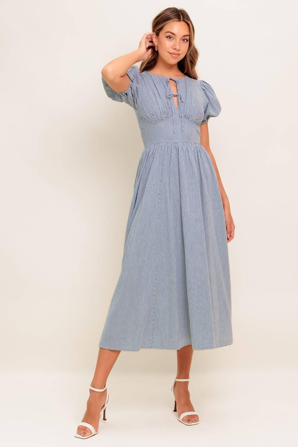 COZY GARDEN IVORY BLUE WOVEN MIDI DRESS Flying Tomato