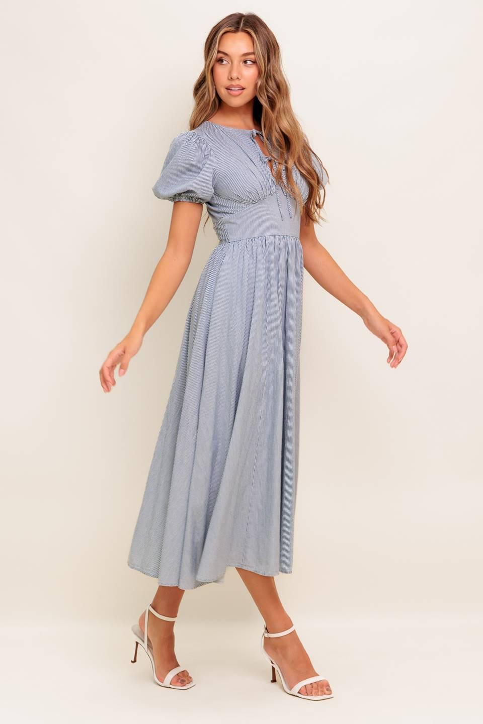 COZY GARDEN IVORY BLUE WOVEN MIDI DRESS Flying Tomato