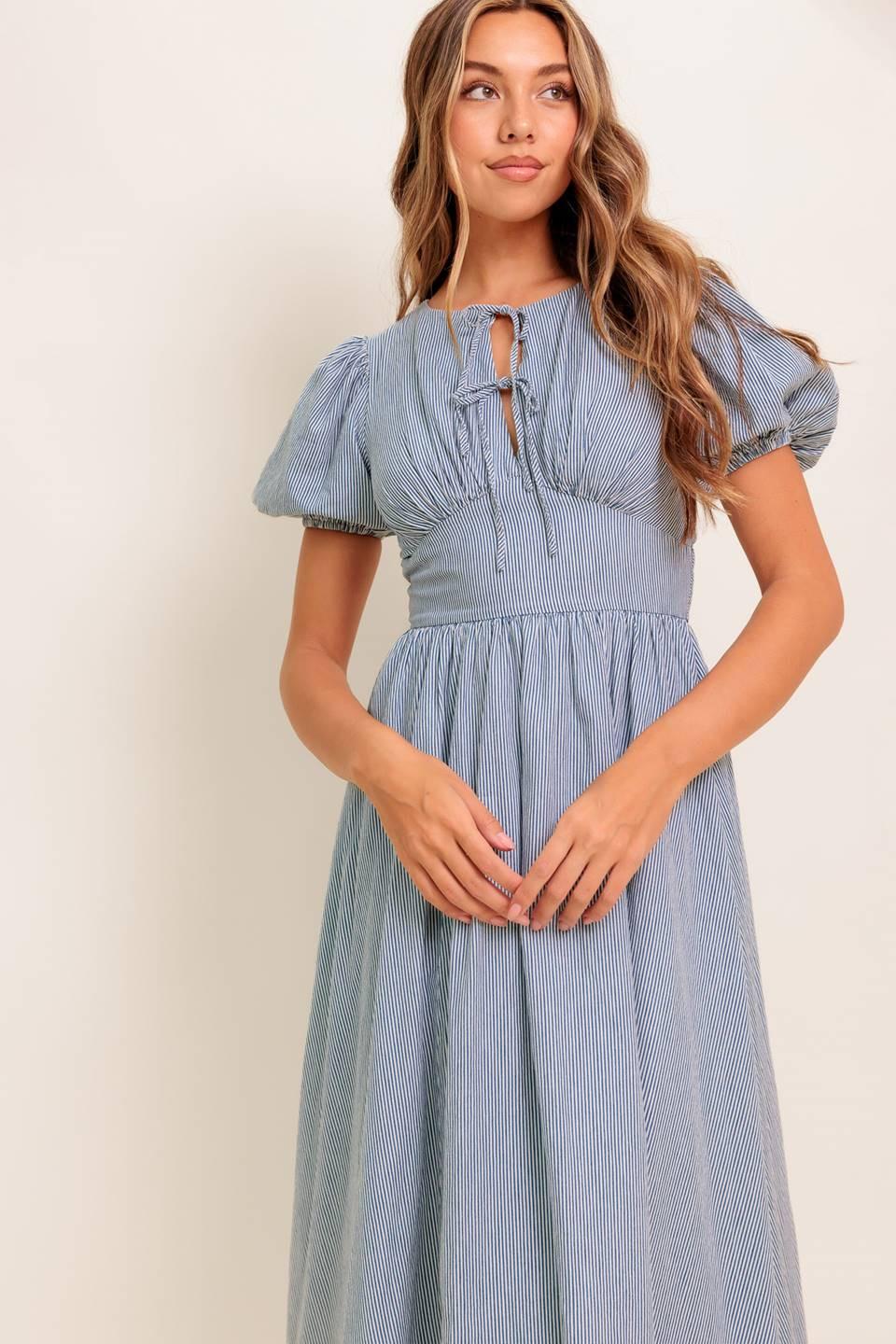 COZY GARDEN IVORY BLUE WOVEN MIDI DRESS Flying Tomato