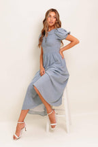 COZY GARDEN IVORY BLUE WOVEN MIDI DRESS Flying Tomato