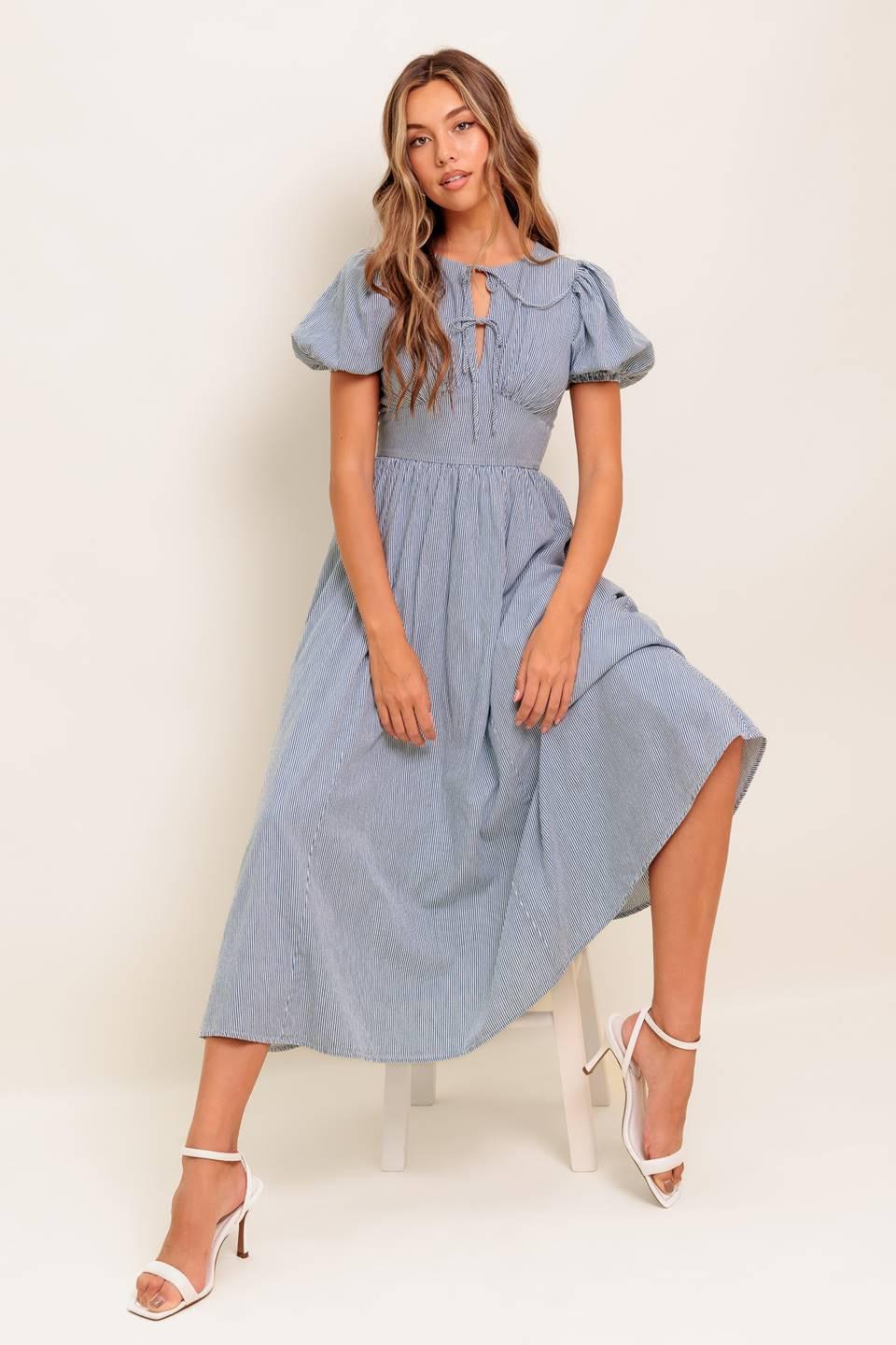 COZY GARDEN IVORY BLUE WOVEN MIDI DRESS Flying Tomato